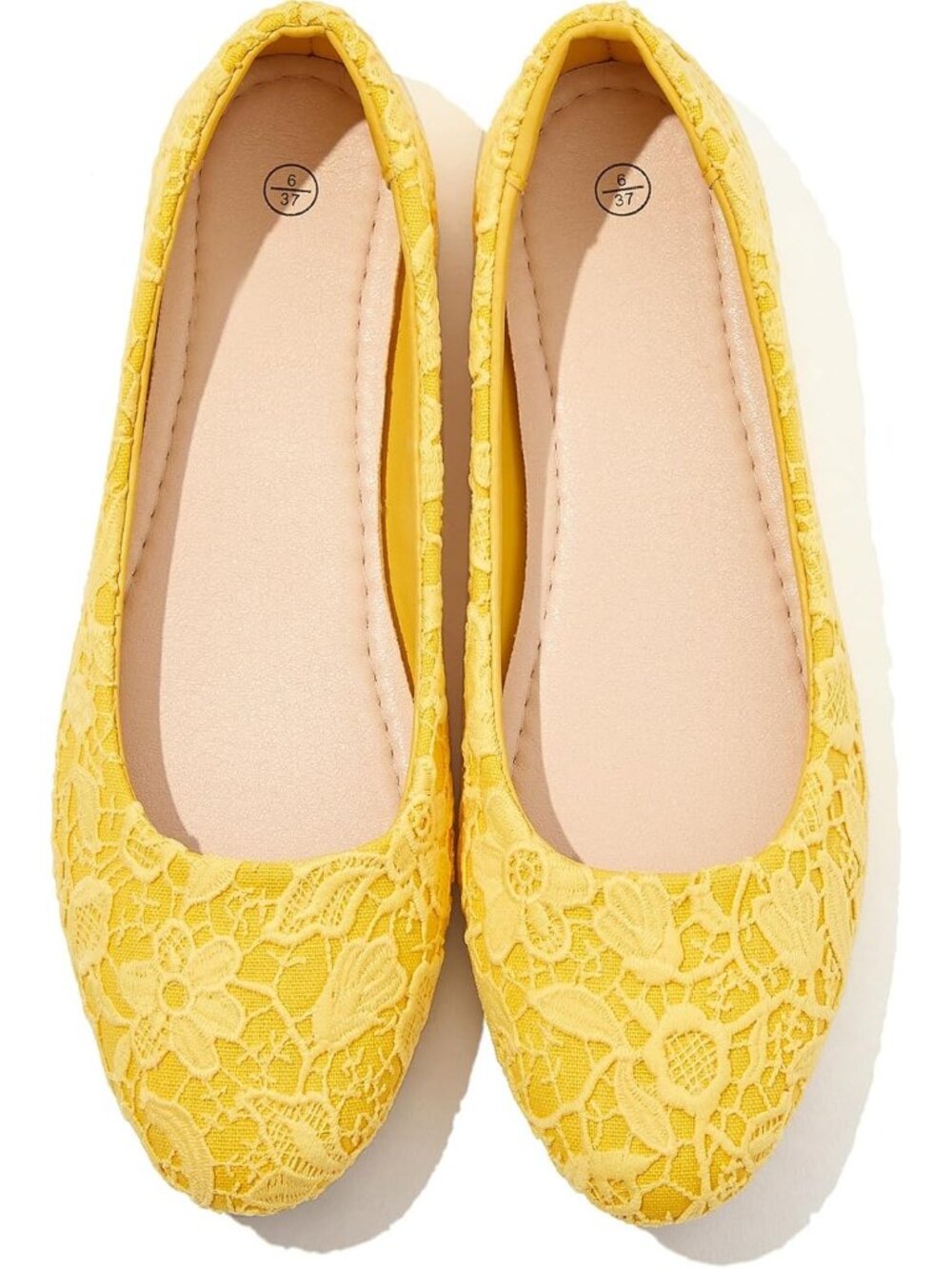 Women's Yellow Round Toe Lace Mesh Ballet Flats Comfortable Low Heel Shoes